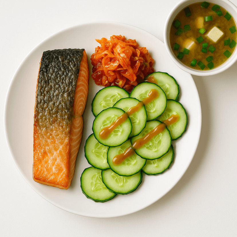 Salted Salmon with Miso Cucumbers and Kimchi